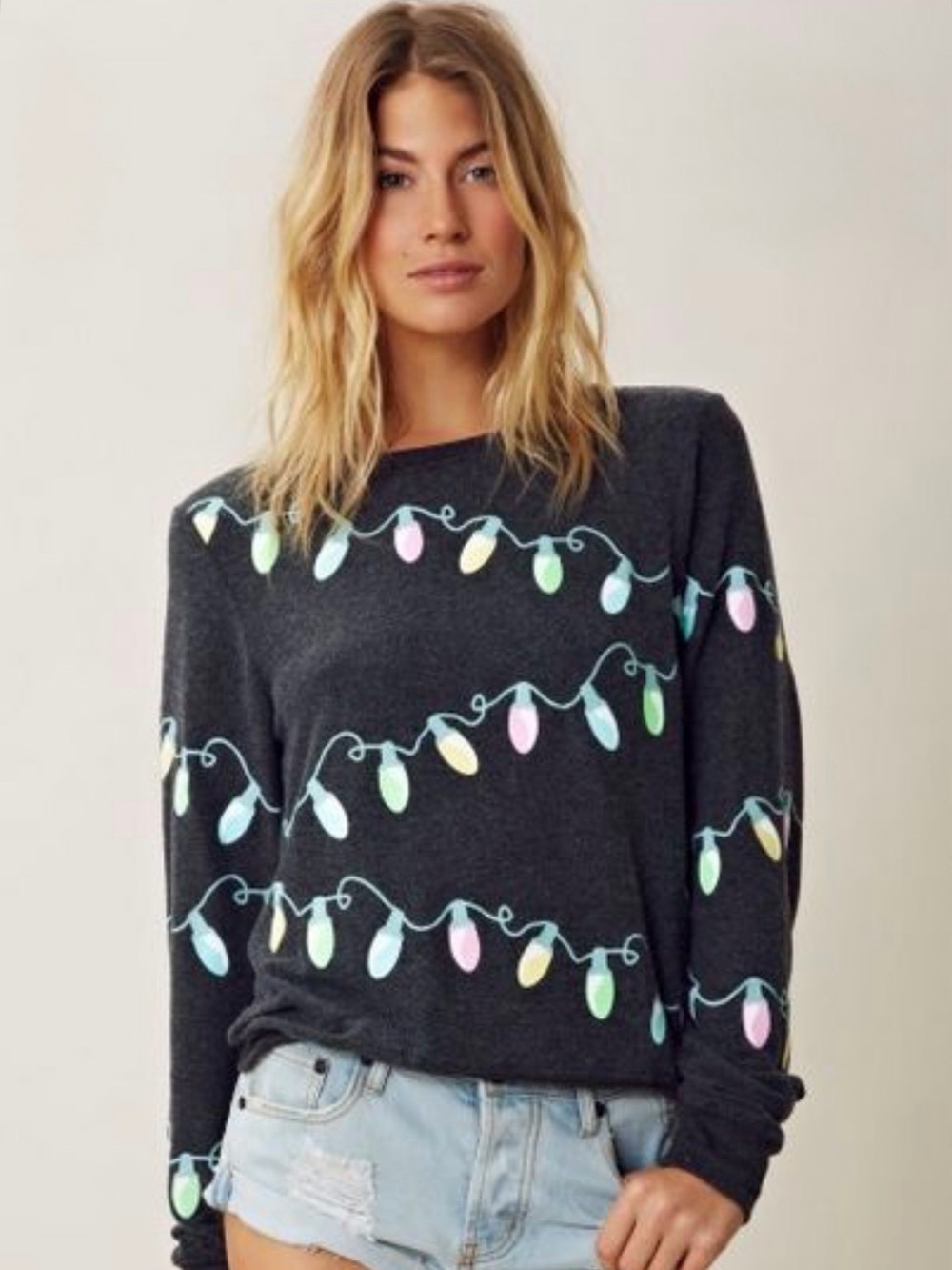 Wildfox EUC Glowing Lights Charcoal Holiday Glow in the Dark Sweatshirt